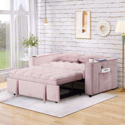 Multi Functional Sofa Bed With Cup Holder And USB Port For Living Room Or Apartments - Pink