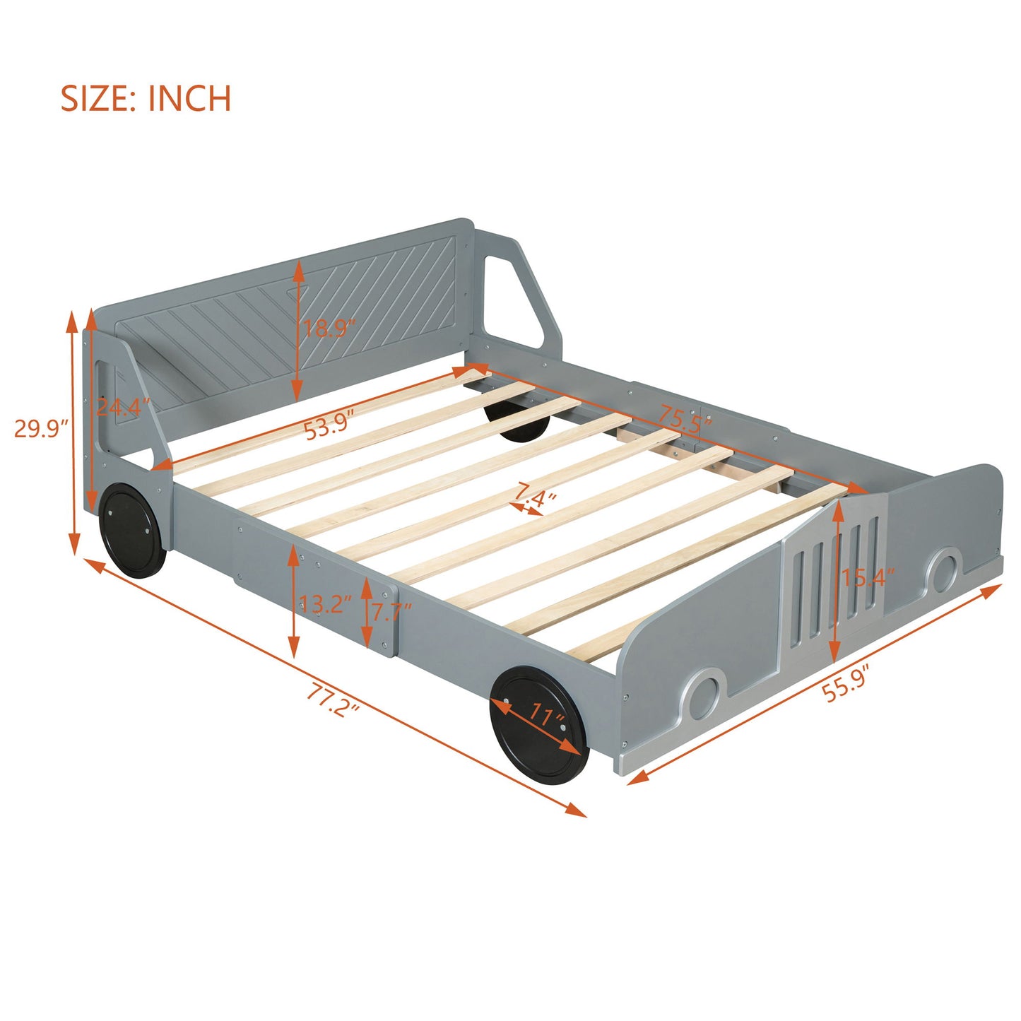 Full Size Car Shaped Platform Bed With Wheels - Gray