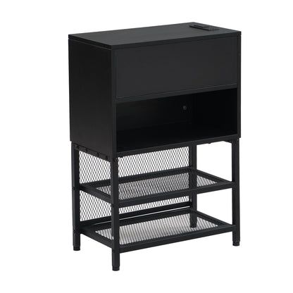 Full Size Platform Bed With 2 Tier Storage Shelves, Storage Cabinet - Black
