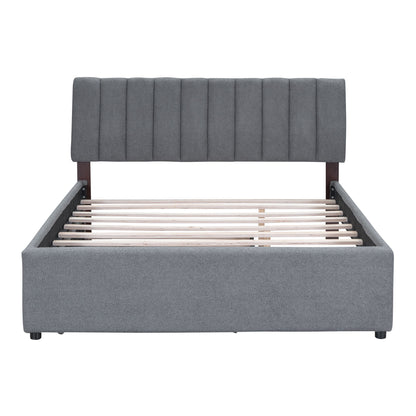 Queen Size Upholstered Platform Bed With Twin Long Trundle - Gray