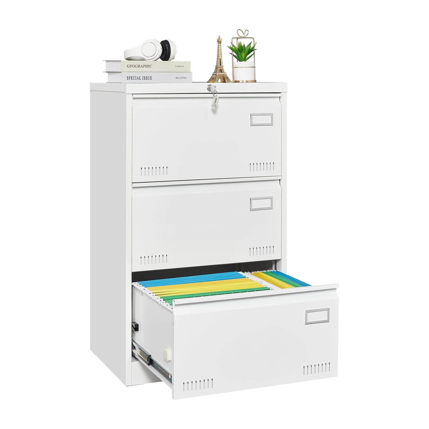 Filing Cabinet Lateral File Cabinet With Lock, 3 Drawer - White
