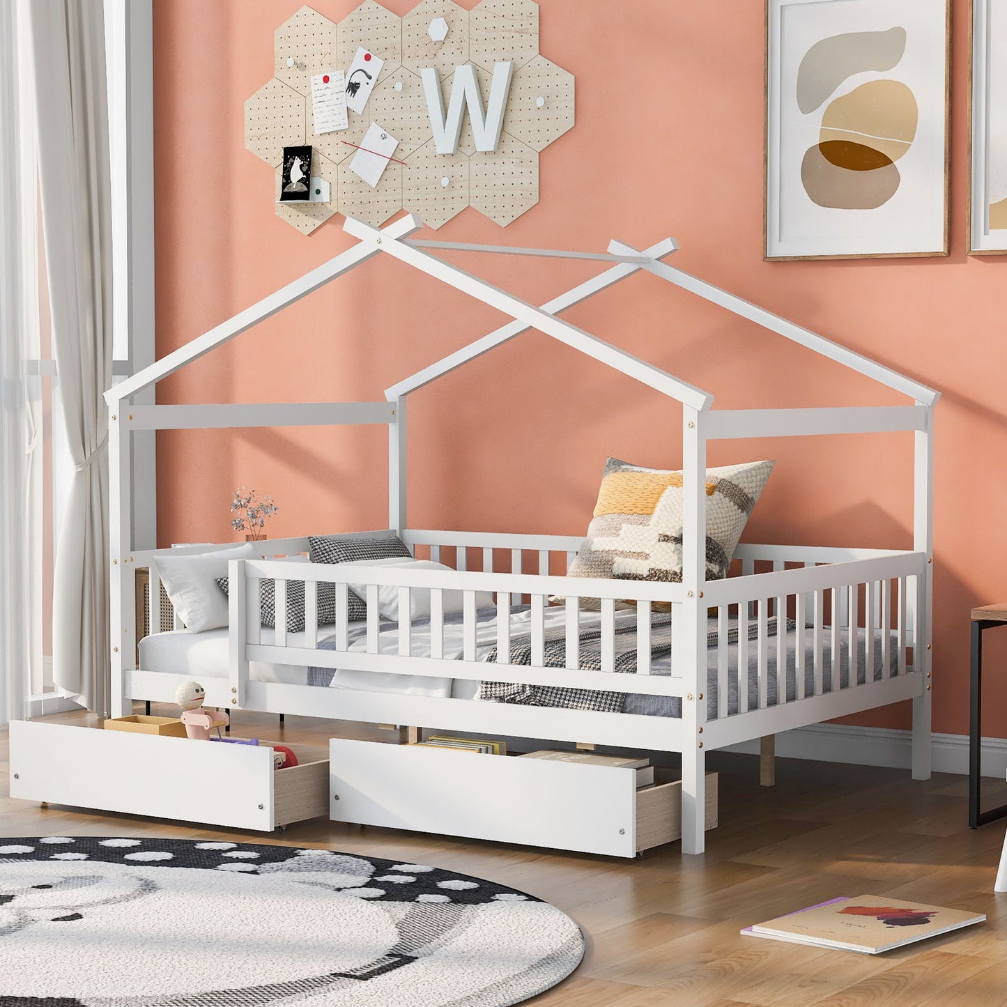 Full Size House Bed With 2 Drawers - White