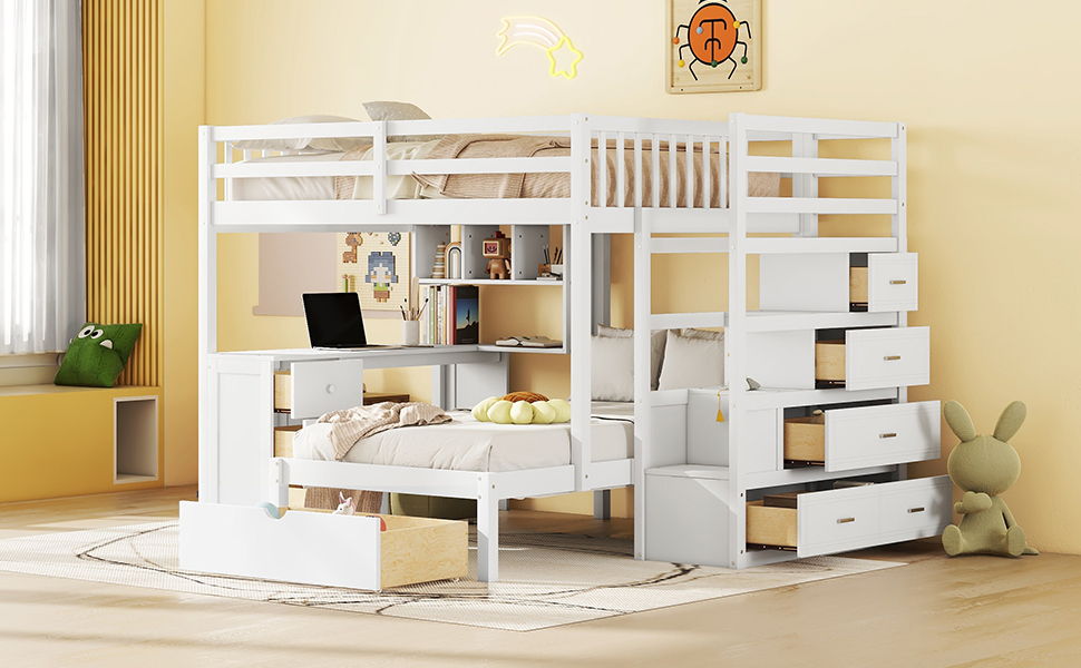 Full Over Twin Bunk Bed With Desk, Drawers And Shelves - White