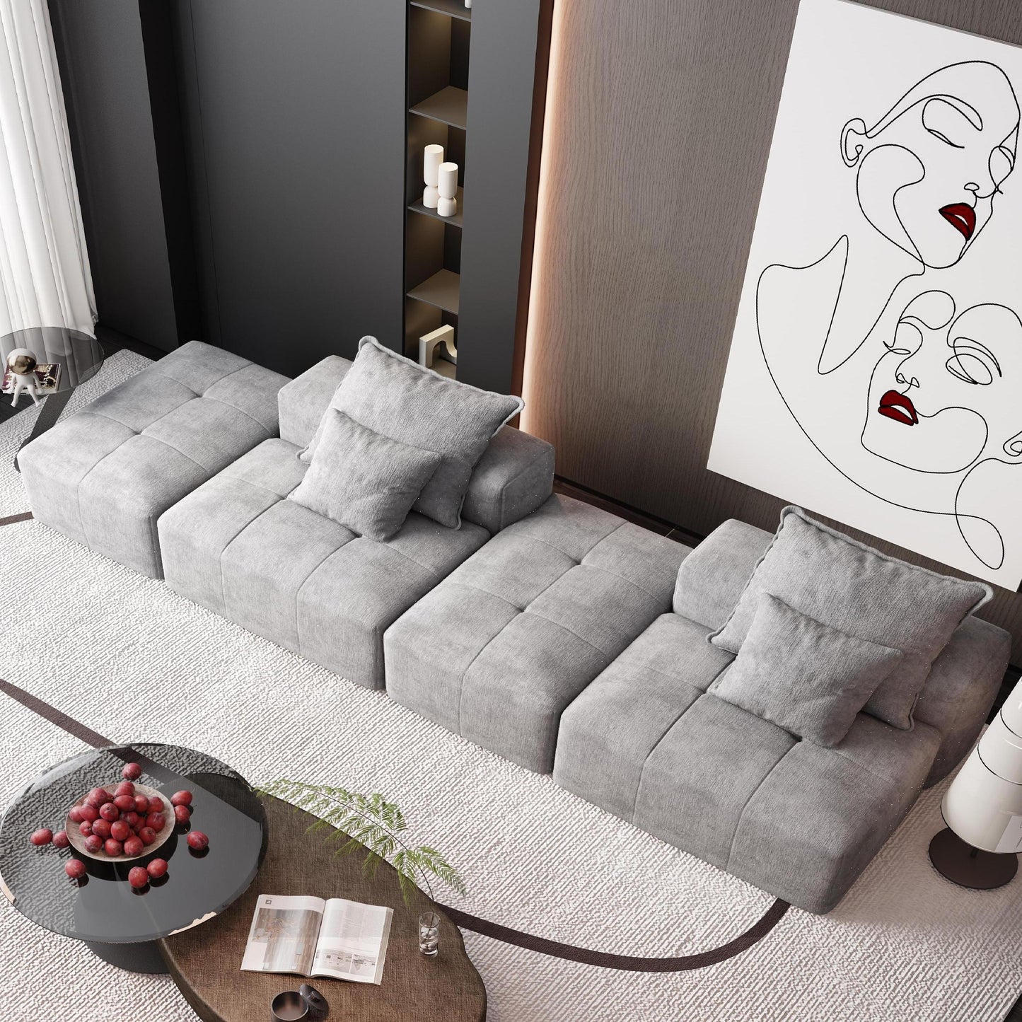 Modern Oversized Modular Sectional Sofa With 2 Ottoman And 2 Seat, Sparkling Chenille Fabric Soft Cushion Sofa With 4 Pillows, 4 Pieces Diy Combination Tufted Sofa, No Assembly Required - Gray