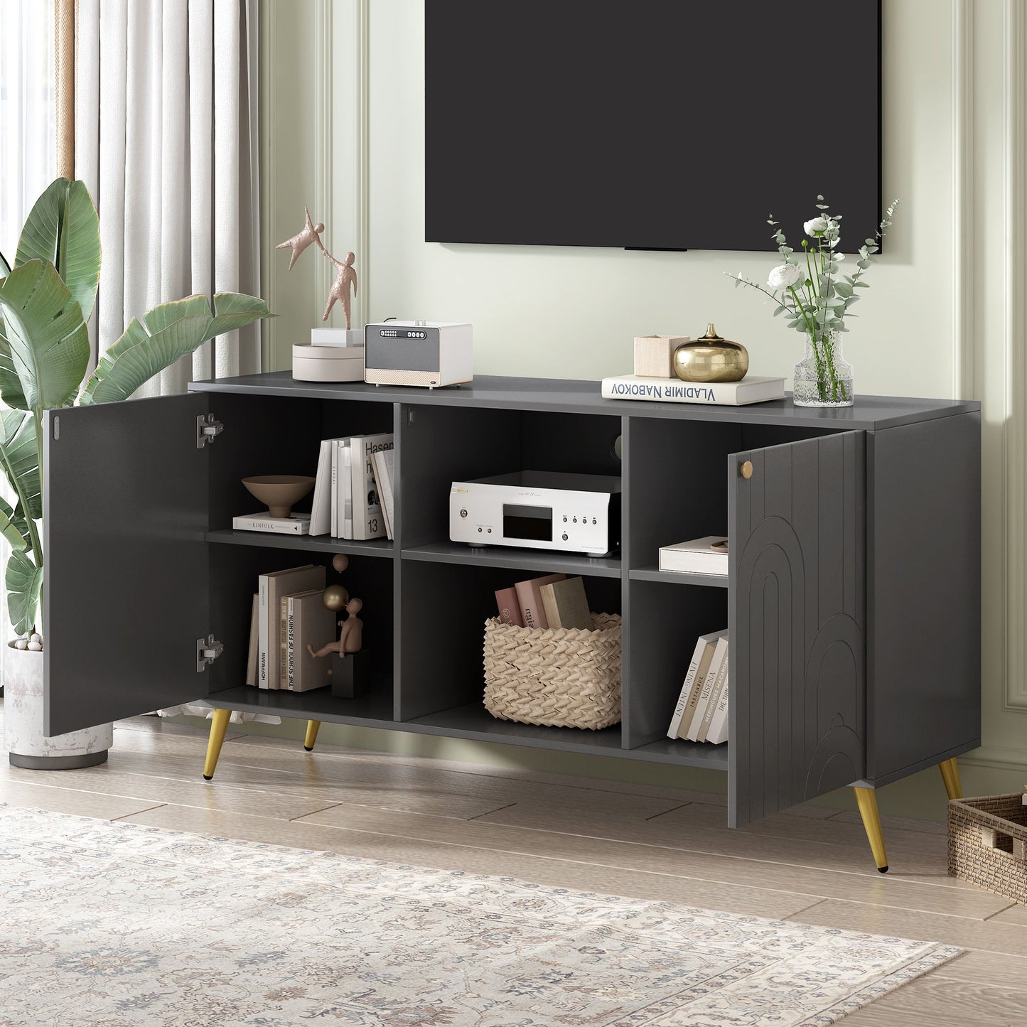 Modern TV Stand For TVs Up To 55", Entertainment Center Media Console, Adjustable Shelf, Metal Legs, Handles And Anti-Tip Device For Living Room - Gray
