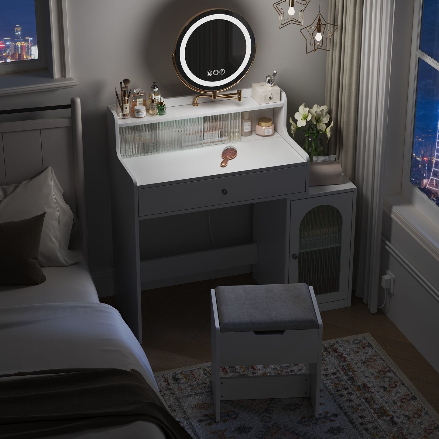 White Vanity Desk With 360ÔøΩÔøΩ Rotated Mirror And Adjustable Lights, Girls Makeup Vanity Table With Storage Chair And Side Cabinet - Antique White