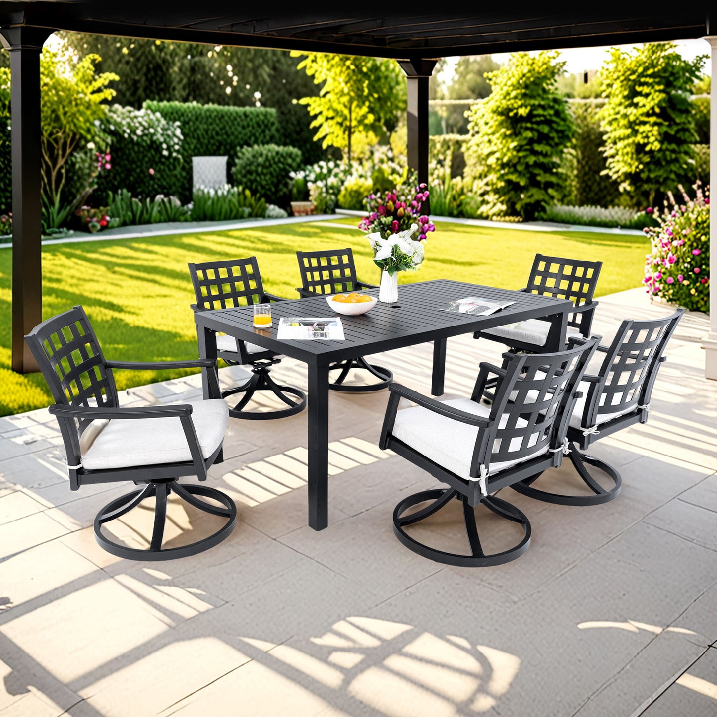 7 Pieces Modern Classic Outdoor Patio Dining Set, Rectangular Table & 6 Swivel Rock Dining Chairs, Rust Free, Weather Resistant - Ember Black