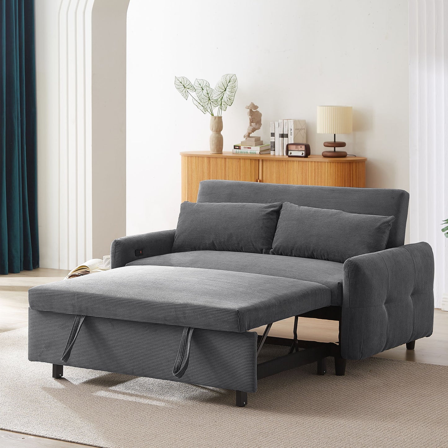 Pull Out Sofa Bed Convertible Couch 2 Seat Loveseat Sofa Modern Sleeper Sofa With 2 Throw Pillows And USB Ports For Living Room - Dark Gray
