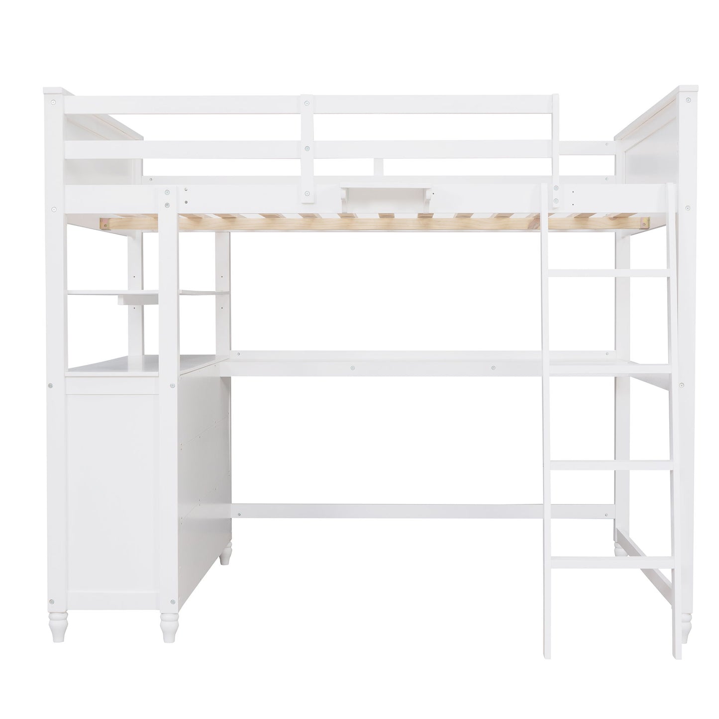 Full Size Loft Bed With Drawers And Desk With Shelves - White