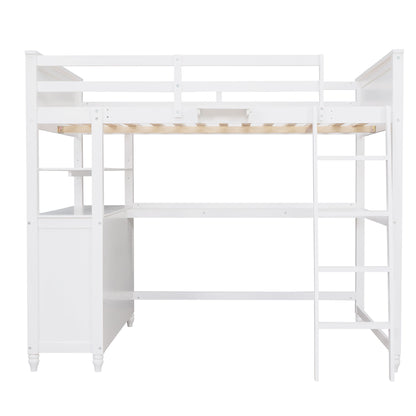 Full Size Loft Bed With Drawers And Desk With Shelves - White