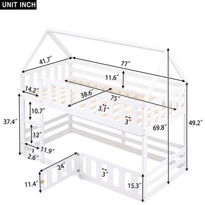 Twin Over Twin House Bunk Bed With Fence And Door - White