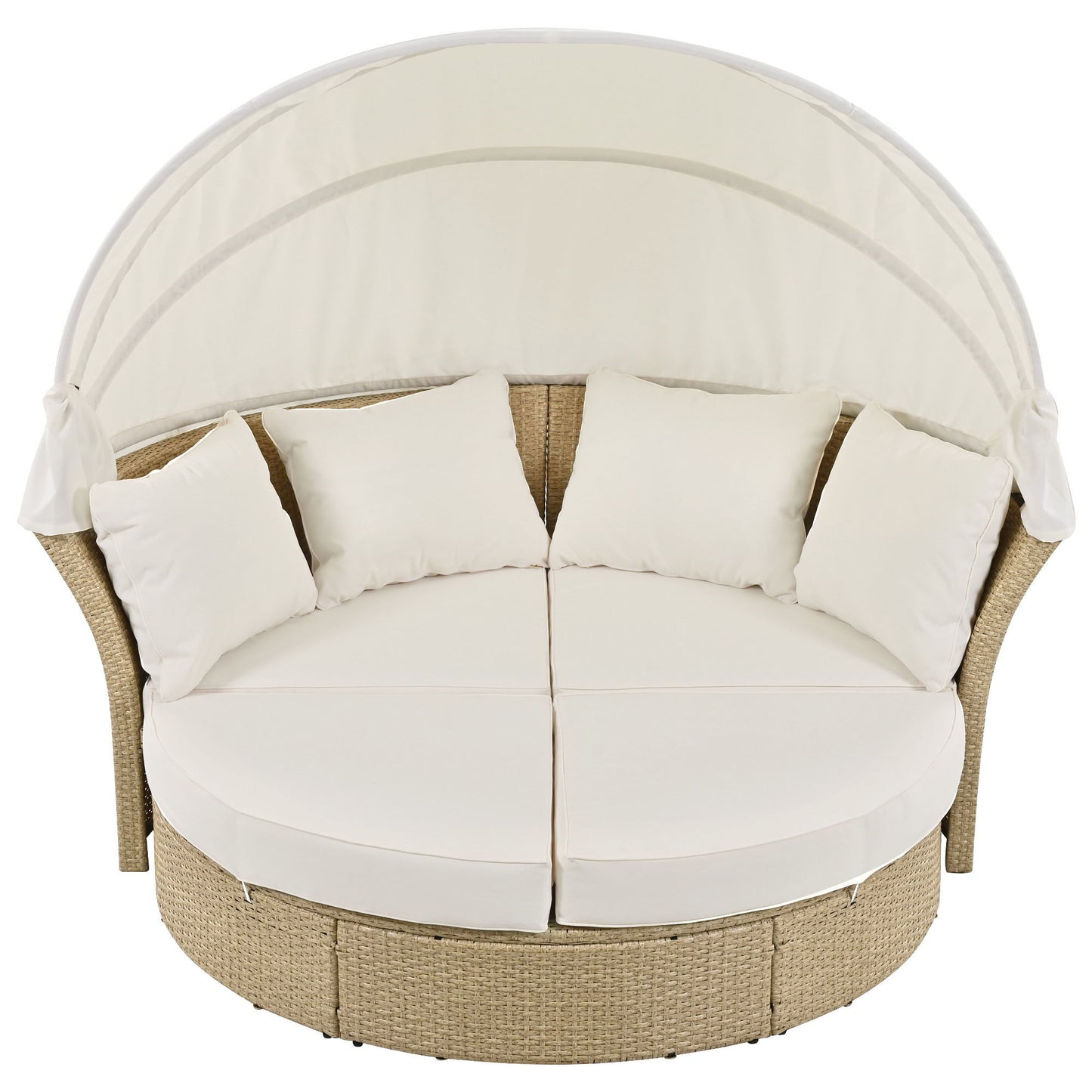 Outdoor Patio Daybed Wicker Rattan Double Daybed Round Sofa Furniture Set With Retractable Canopy, 4 Pillows For Lawn Garden Backyard Porch Pool - Beige