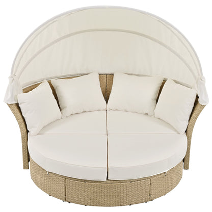 Outdoor Patio Daybed Wicker Rattan Double Daybed Round Sofa Furniture Set With Retractable Canopy, 4 Pillows For Lawn Garden Backyard Porch Pool - Beige