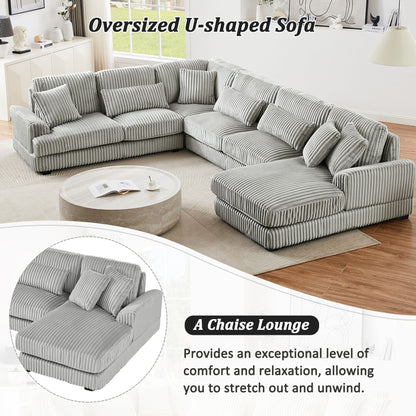 Oversized Sectional Sofa U - Shaped Sofa Couch Modern Sofa Upholstered In Soft Corduroy With A Chaise Lounge For Living Room - Gray