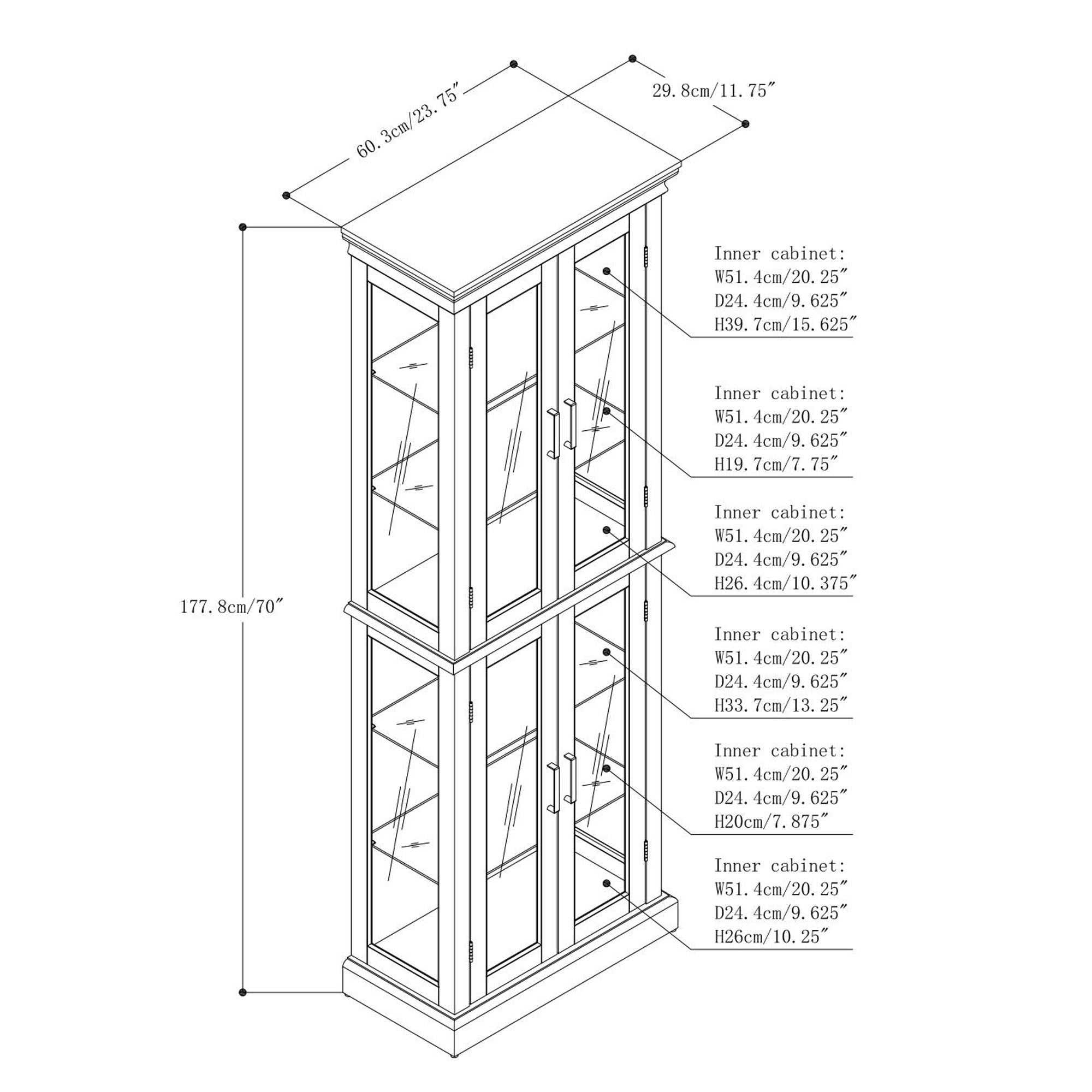 Curio Cabinet Lighted Curio Diapaly Cabinet With Adjustable Shelves And Mirrored Back Panel, Tempered Glass Doors 6 Tier, (E26 Light Bulb Not Included) - Cherry
