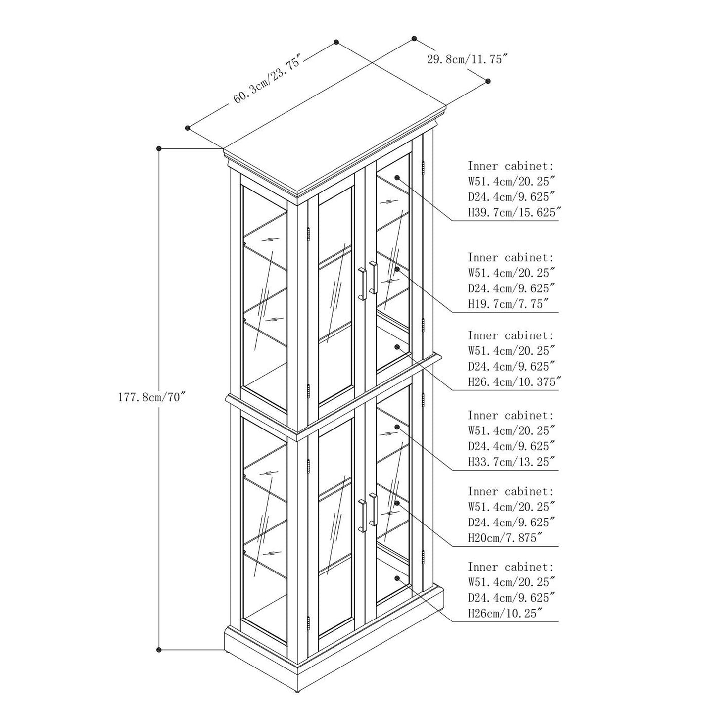 Curio Cabinet Lighted Curio Diapaly Cabinet With Adjustable Shelves And Mirrored Back Panel, Tempered Glass Doors (6 Tier), (E26 Light Bulb Not Included) - Walnut