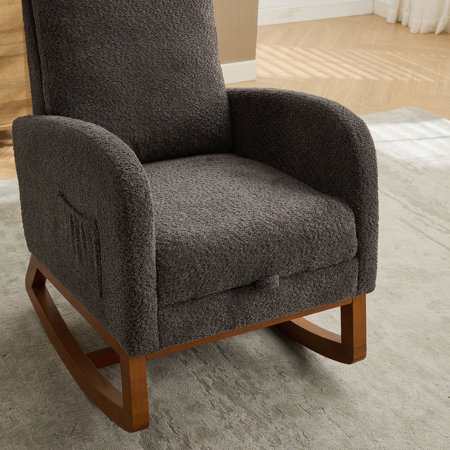 Rocking Chair For Nursery, High Back Glider Chair With Retractable Footrest, Side Pocket, Rocking Accent Armchair With Rubber Wood Legs For Living Room / Bedroom - Charcoal