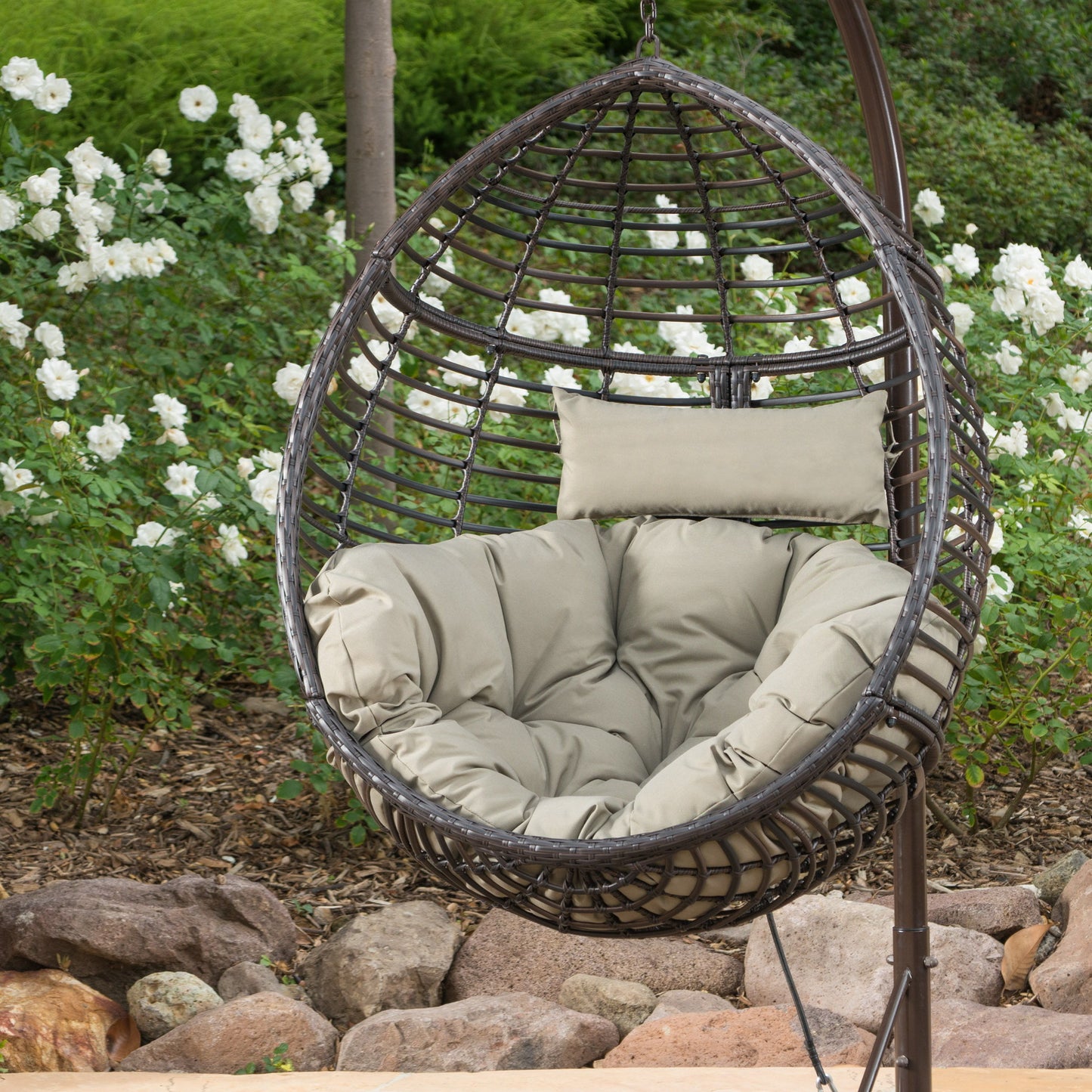 Hanging Basket Chair With Metal Frame And Seat Cushion - Khaki