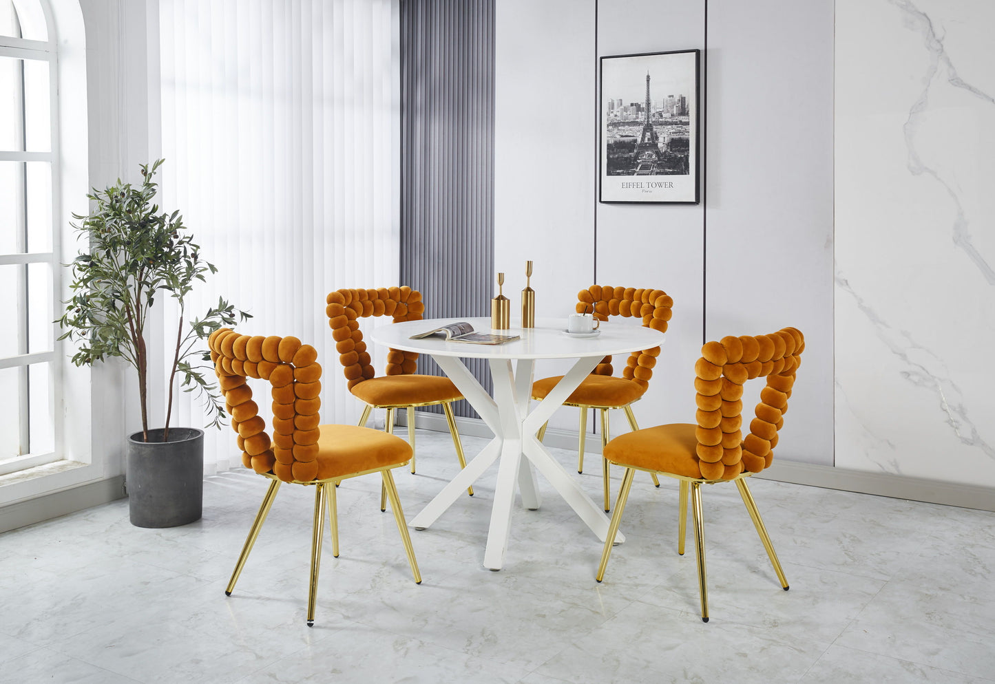 Modern Chair With Iron Tube Legs, Soft Cushions And Comfortable Backrest, Suitable For Dining Room, Living Room, Cafe, Hairball Back (Set of 2) - Orange / Gold