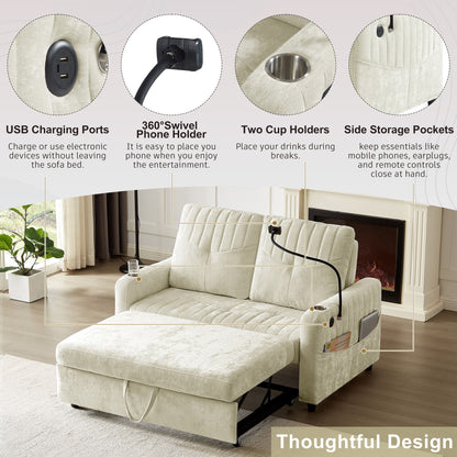 Modern Loveseat Pull Out Sofa Bed With Adjustable Backrest, Two Cup Holders, A Phone Holder, Three Charging Ports And Side Storage Pockets For Living Room - Beige