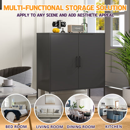 Heavy Duty Metal Buffet Sideboard Modern Steel Storage Cabinet With 2 Shelves, Free Standing Accent Cabinet With Magnetic Doors For Bedroom, Kitchen, And Home Office, Anti-Tip Design - Black