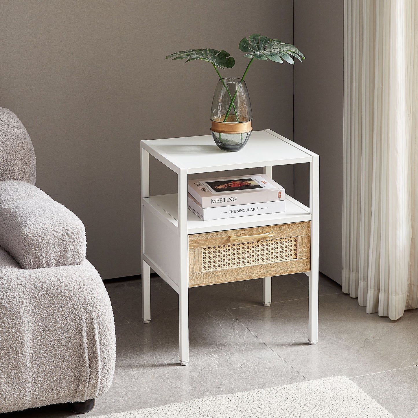 Rattan End Table With Drawer, Modern Nightstand, Metal Legs, Side Table For Living Room, Bedroom (Set of 2)- White