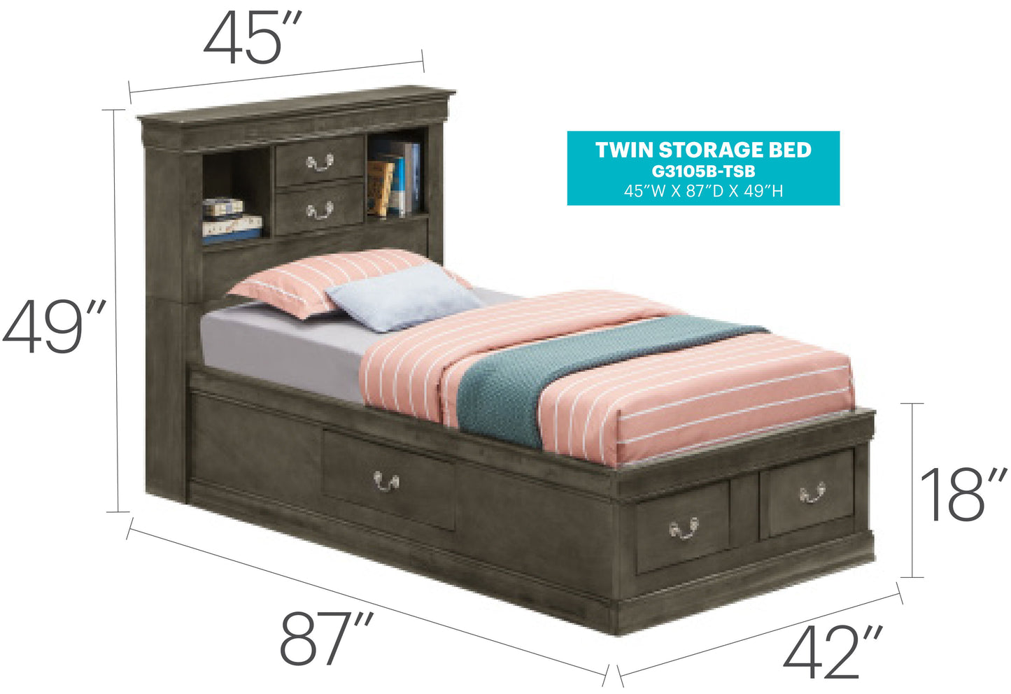 Louis Phillipe - Twin Storage Bed - Gray