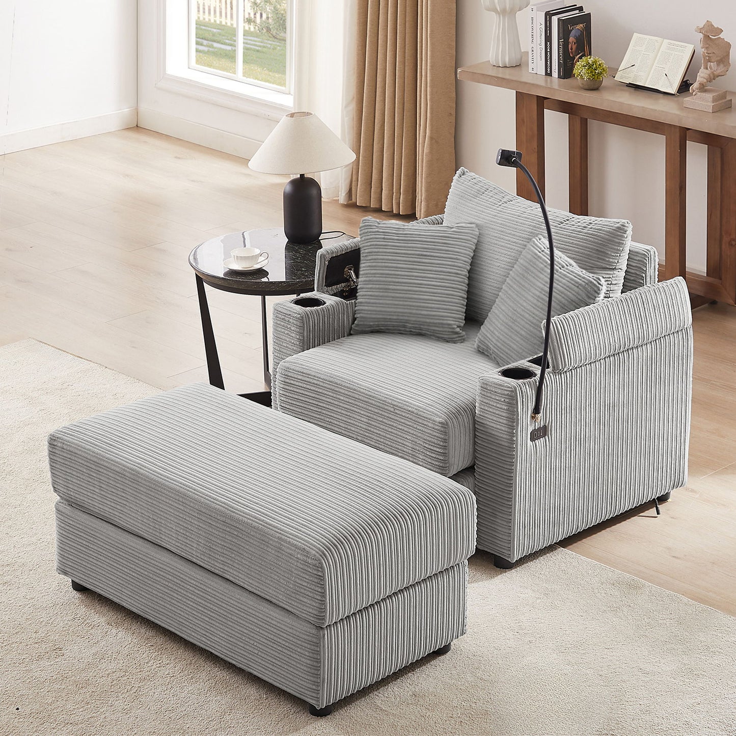 Modern Style Single Sofa Sofa Couch With Storage Space, A Movable Ottoman, Two USB Ports, Two Cup Holders, A Phone Holder For Living Room - Gray