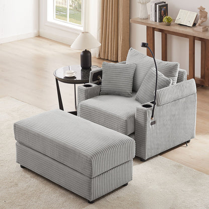Modern Style Single Sofa Sofa Couch With Storage Space, A Movable Ottoman, Two USB Ports, Two Cup Holders, A Phone Holder For Living Room - Gray