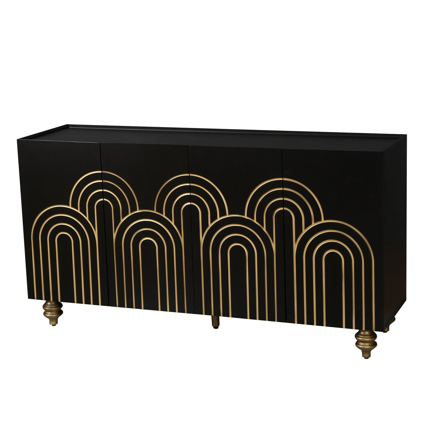 4 Door Cabinet Modern Fluted Sideboard Buffet With Storage, Curve Element With Strict Lines - Black