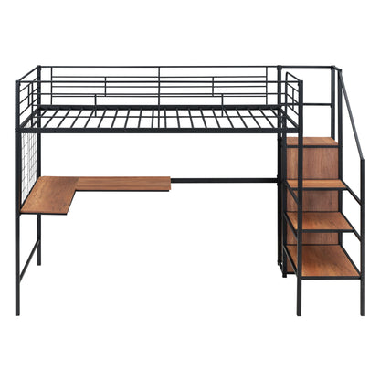 Twin Size Loft Bed With Desk And Grid, Stylish Frame With Lateral Storage Ladder And Wardrobe - Black