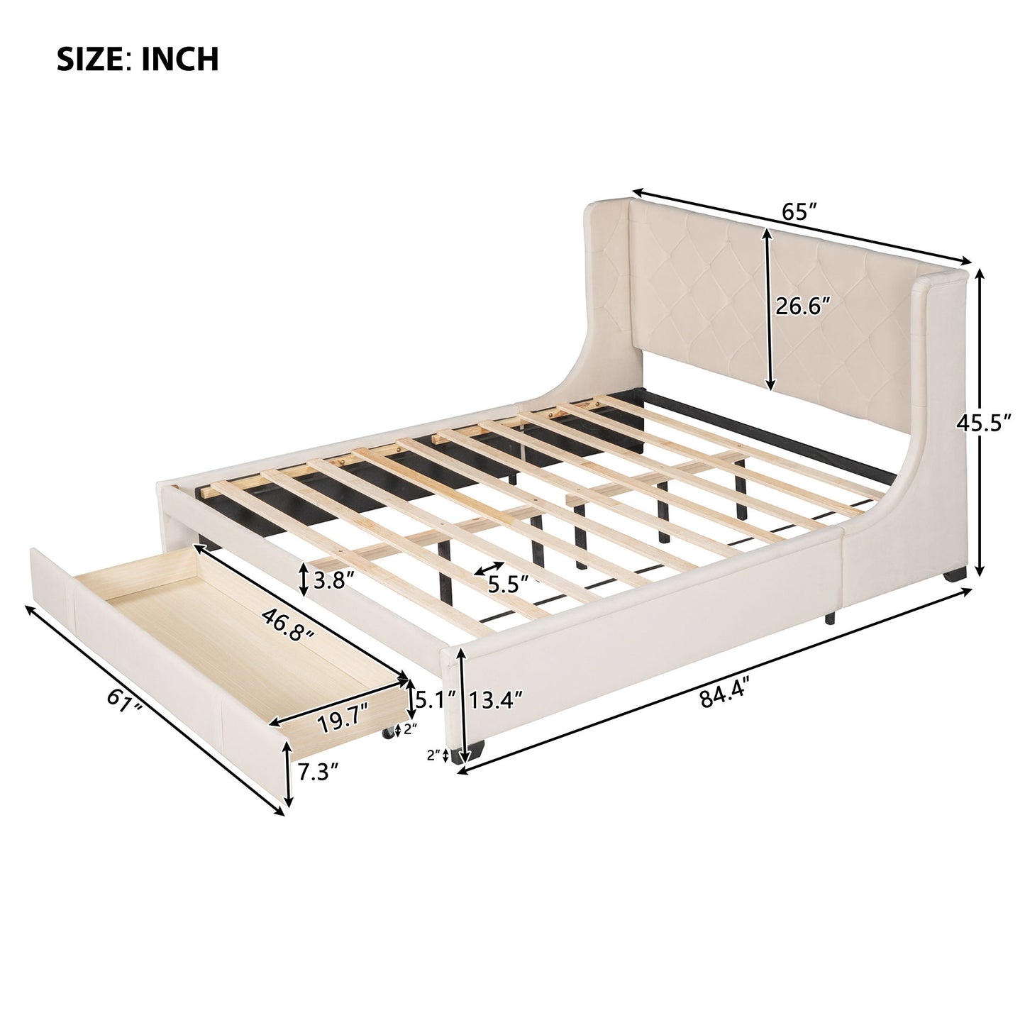 Queen Size Storage Upholstered Platform Bed With Wingback Headboard And A Big Drawer - Beige
