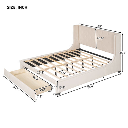 Queen Size Storage Upholstered Platform Bed With Wingback Headboard And A Big Drawer - Beige