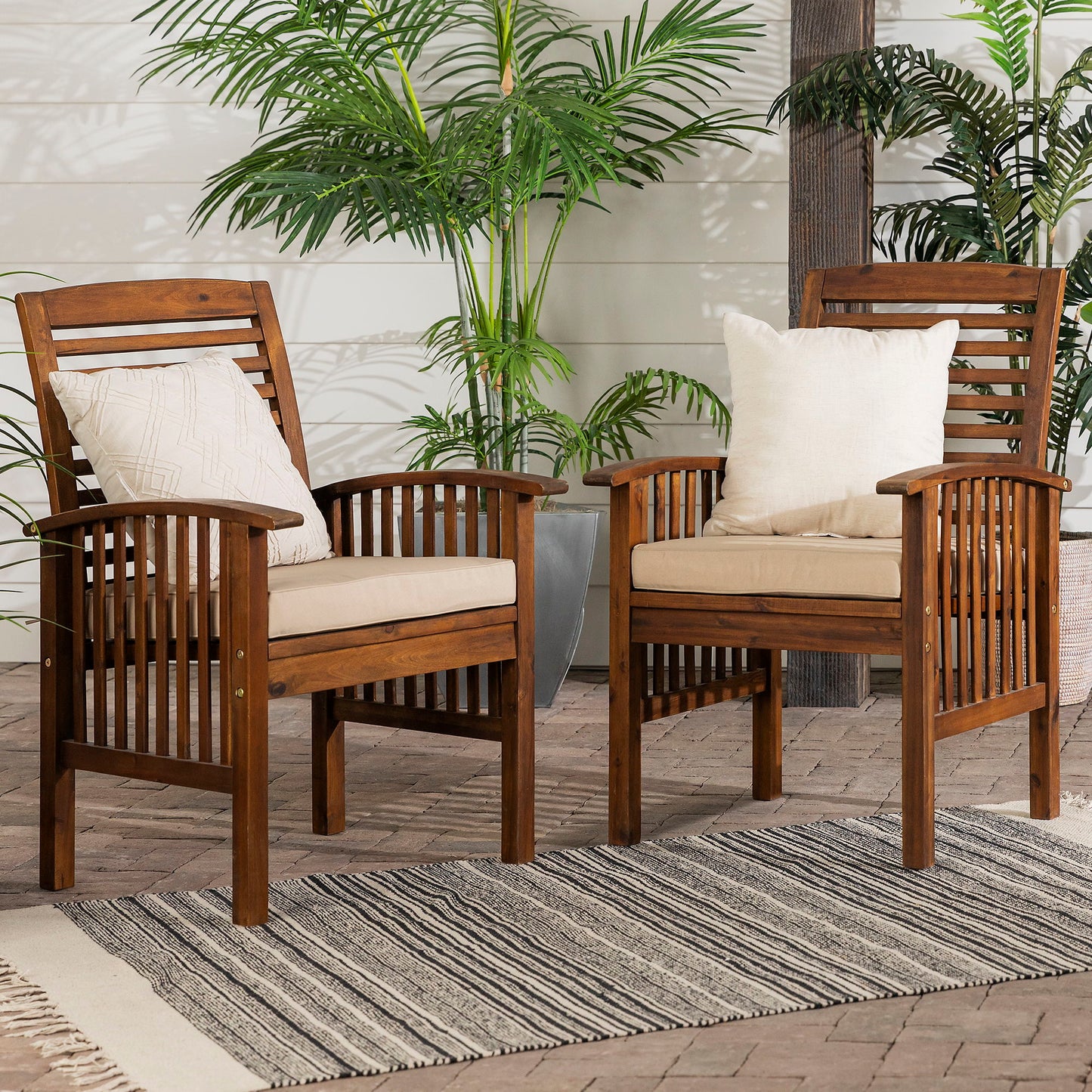 Modern 2 Piece Slat Back Patio Chairs With Cushions - Dark Brown