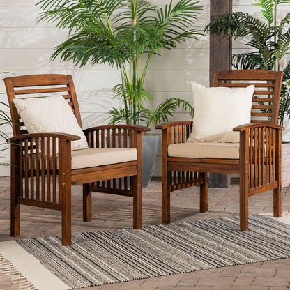 Modern 2 Piece Slat Back Patio Chairs With Cushions - Dark Brown