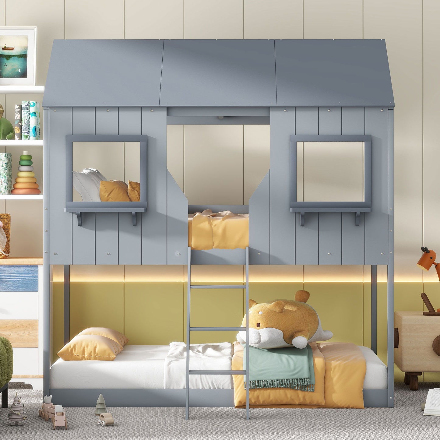 Twin Over Twin Bunk Bed With Roof, Window, Guardrail, Ladder - Gray