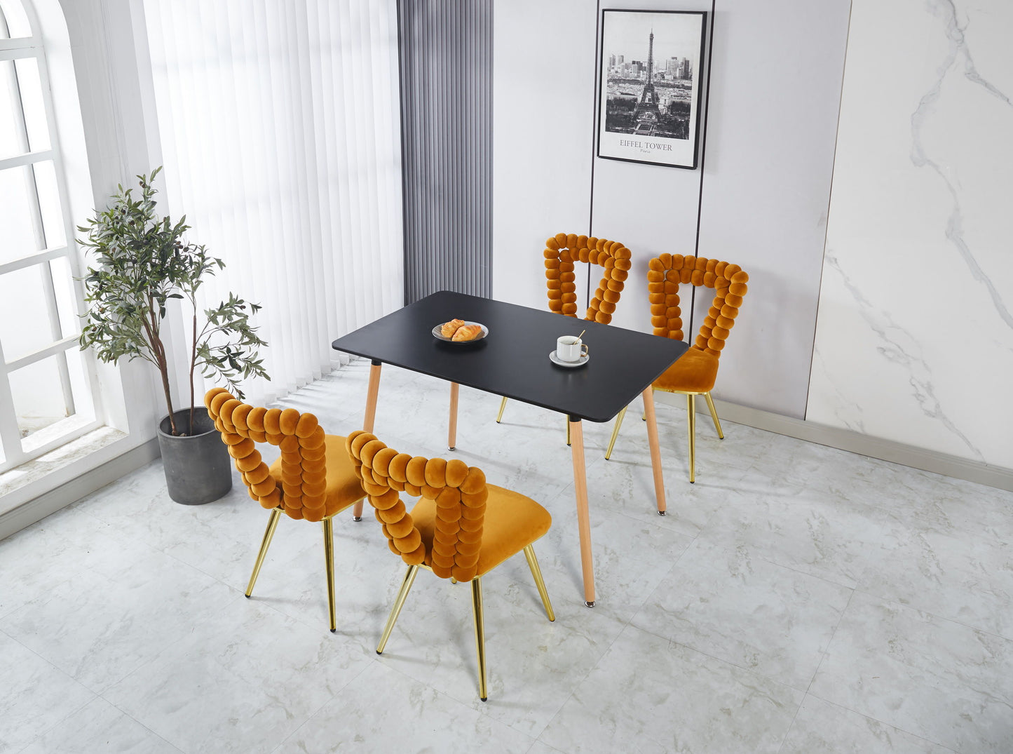 Modern Chair With Iron Tube Legs, Soft Cushions And Comfortable Backrest, Suitable For Dining Room, Living Room, Cafe, Hairball Back (Set of 2) - Orange / Gold