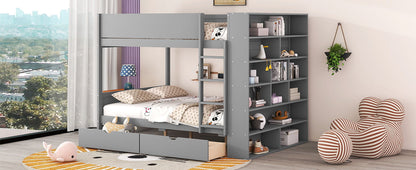 Full Over Full Bunk Bed With 2 Drawers And Multi-Layer Cabinet - Gray