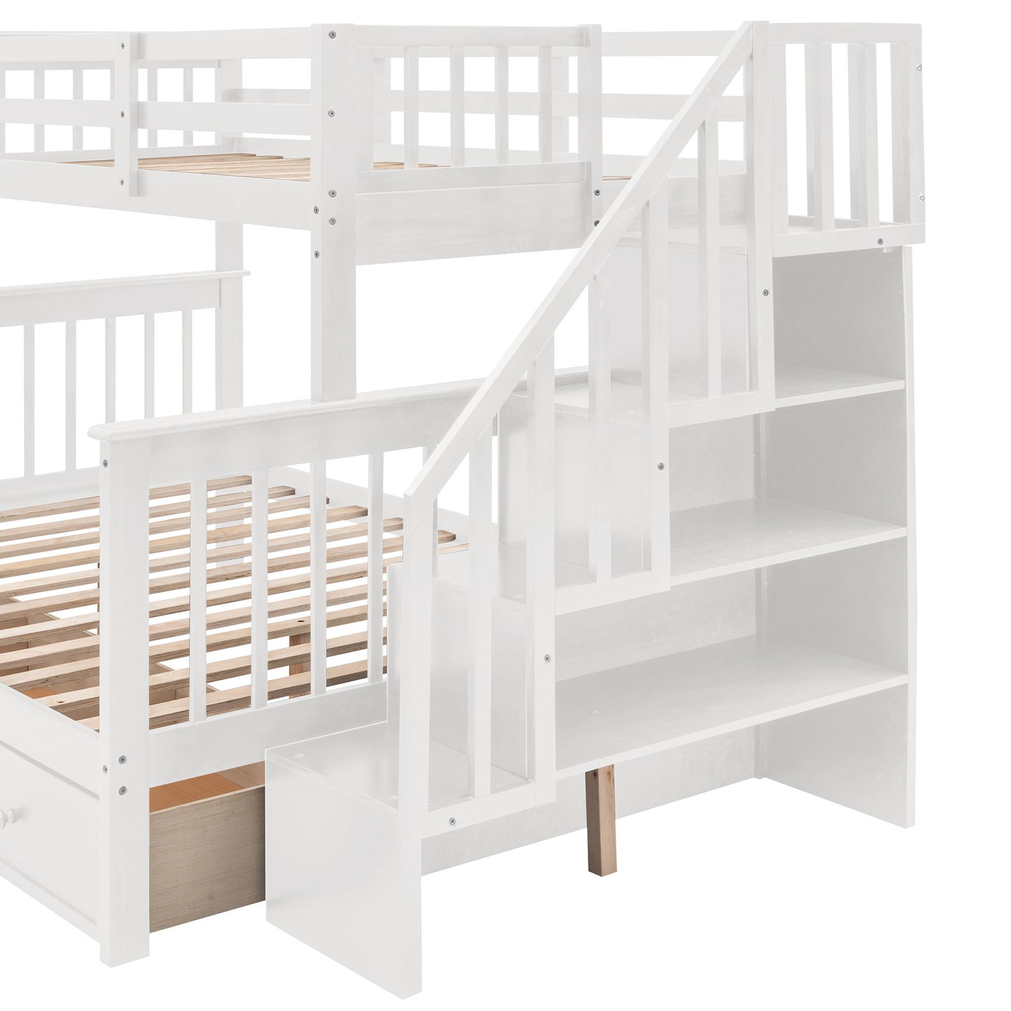 Twin Over Full Stairway Bunk Bed With Drawer, Storage And Guard Rail For Bedroom - White