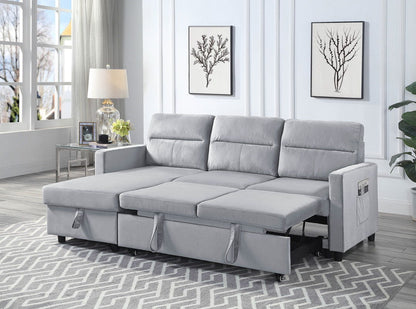Ivy - Velvet Reversible Sleeper Sectional Sofa With Storage Chaise And Side Pocket - Light Gray