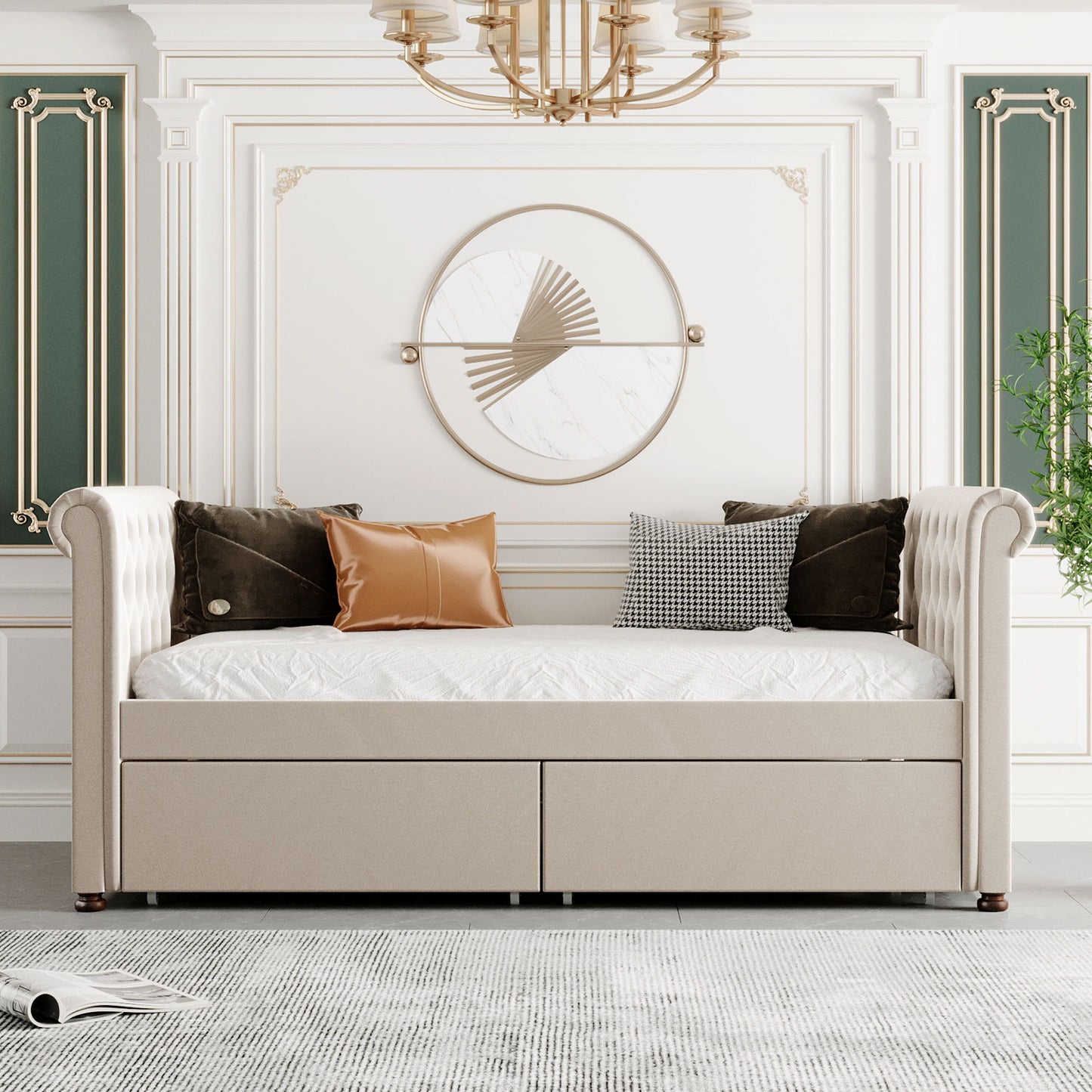 Twin Size Upholstered Daybed With Drawers, Slat Support - Beige