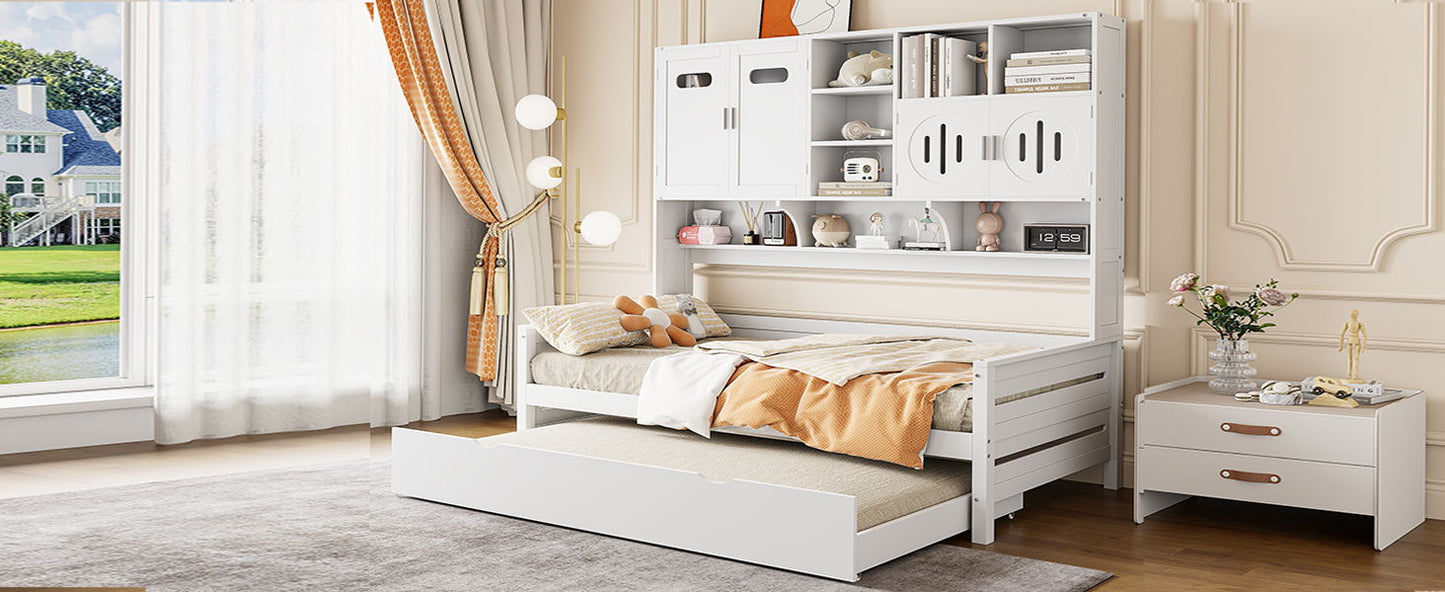 Twin Size Wooden Daybed With Twin Size Trundle, And All In One Cabinet And Shelf - White