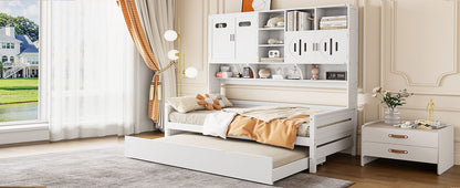 Twin Size Wooden Daybed With Twin Size Trundle, And All In One Cabinet And Shelf - White