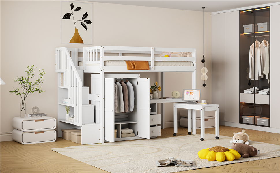 Twin Size Loft Bed With Stairs, Bookshelf, Drawers, Desk & Wardrobe, Space Saving Multifunctional Furniture - White