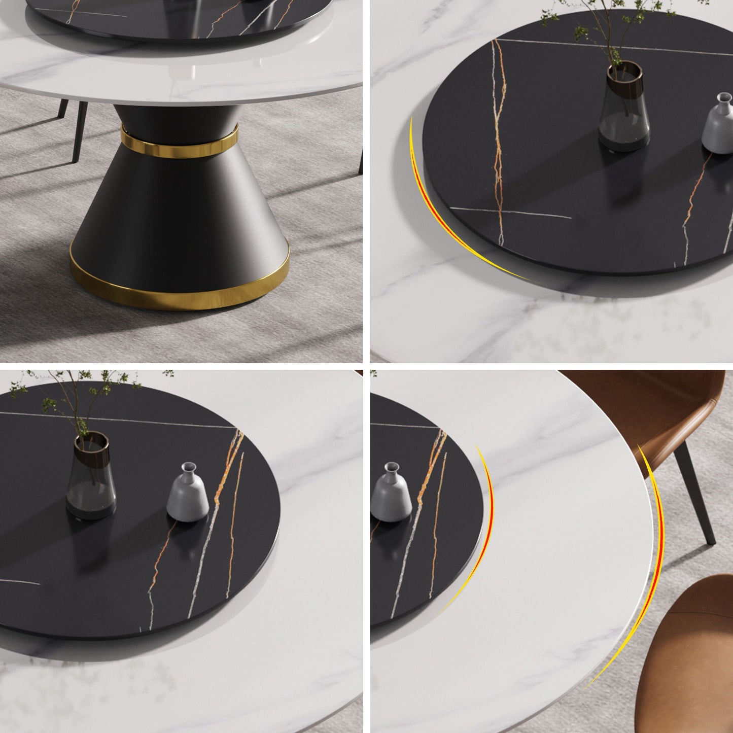 59.05" Modern Artificial Stone Round Carbon Steel Base Dining Table, Black Artificial Stone Turntable - White / Black
