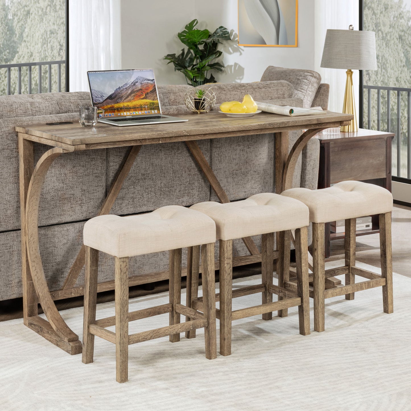 4 Piece Bar Table Set With Power Outlet, Dining Bar Table And Chairs Set, Bar Table Set With 3 Padded Stools For Living Room, Dining Room, Game Room - Brown