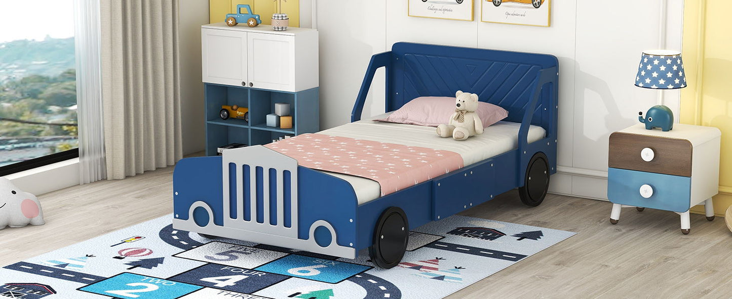 Twin Size Car Shaped Platform Bed With Wheels - Blue