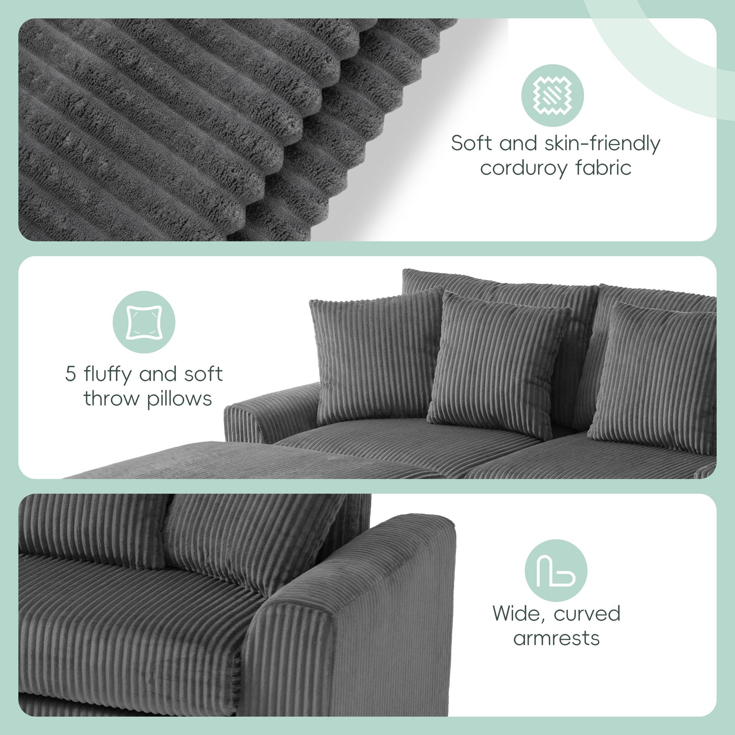 Sectional With Bluetooth Speakers L Shaped Couch With Console USB Charger, Cup Holders Storage Ottoman Deep And Wide Seat Cloud Sofa - Dark Gray
