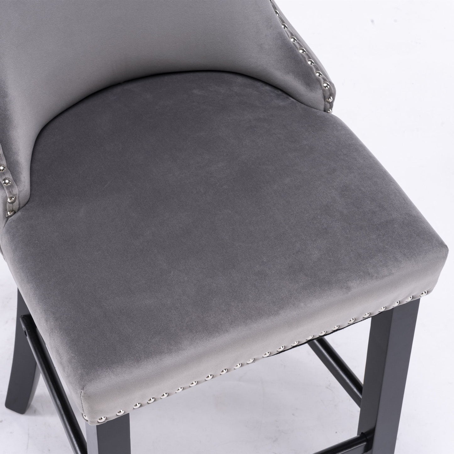 Contemporary Velvet Upholstered Wing-Back Barstools With Button Tufted Decoration And Wooden Legs, And Chrome Nailhead Trim, Leisure Style Bar Chairs, Bar Stools (Set of 4) - Gray