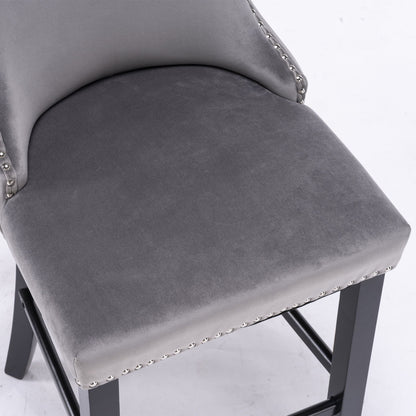 Contemporary Velvet Upholstered Wing-Back Barstools With Button Tufted Decoration And Wooden Legs, And Chrome Nailhead Trim, Leisure Style Bar Chairs, Bar Stools (Set of 4) - Gray